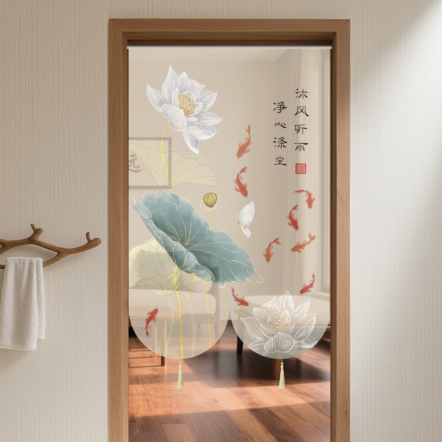 新款中式莲花隔断门帘卫生间专用图片