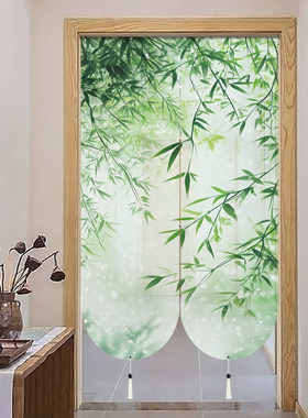 绿竹新中式门帘隔断帘家用半透明透景帘子卧室厨房免打孔布帘子