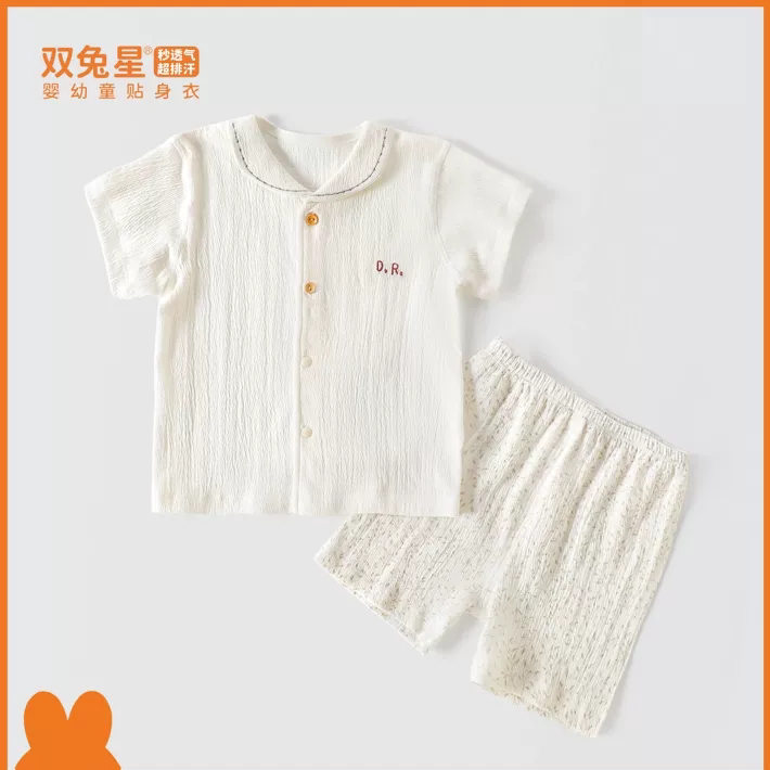 双兔星26夏宝宝纯棉短袖对开两用裆男女婴儿薄款分体T恤短裤套装