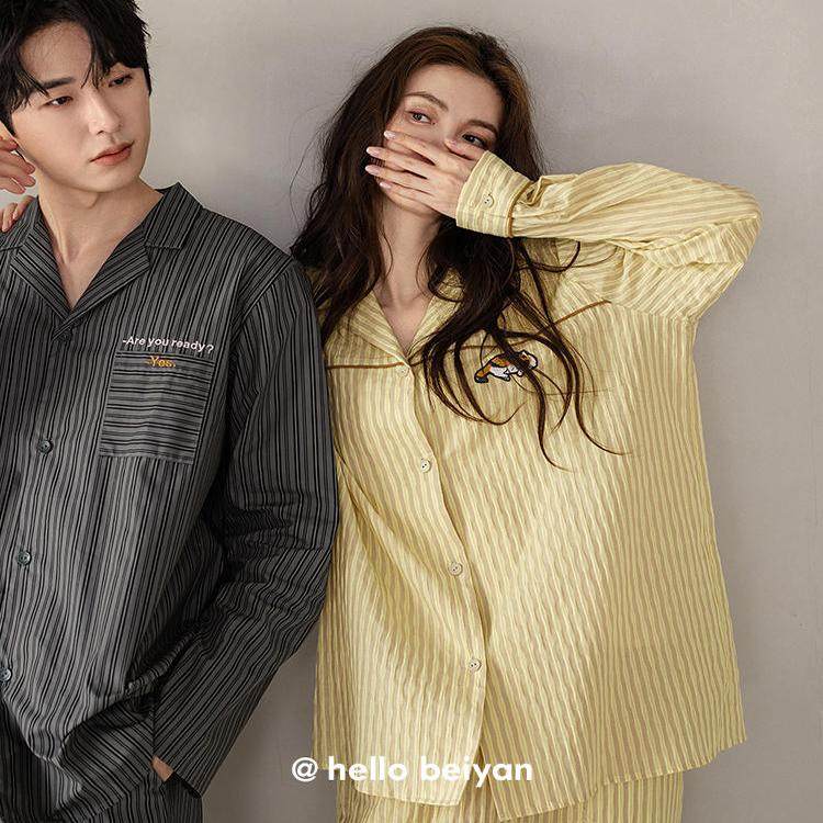 贝妍春秋柔软棉长袖情侣睡衣简约条纹女开衫家居服休闲大码男套装,女士内衣/男士内衣/家居服,睡衣/家居服套装,淘宝优惠券,粉丝福利购,淘宝优惠卷