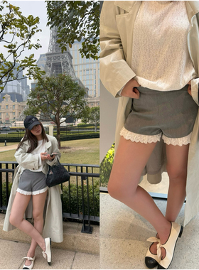 wann灰色蕾丝花边薄款休闲短裤显瘦低腰裤
