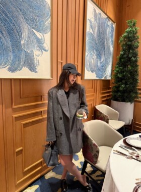 wann【S断码5折】 经典ac毛边人字纹羊毛西装外套女秋冬宽松大衣