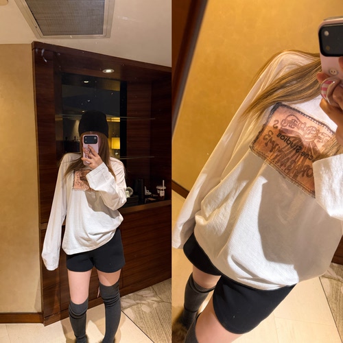 wann现货 新年tee 亲肤透气蝴蝶结贴布印花宽松长袖t恤休闲风上衣