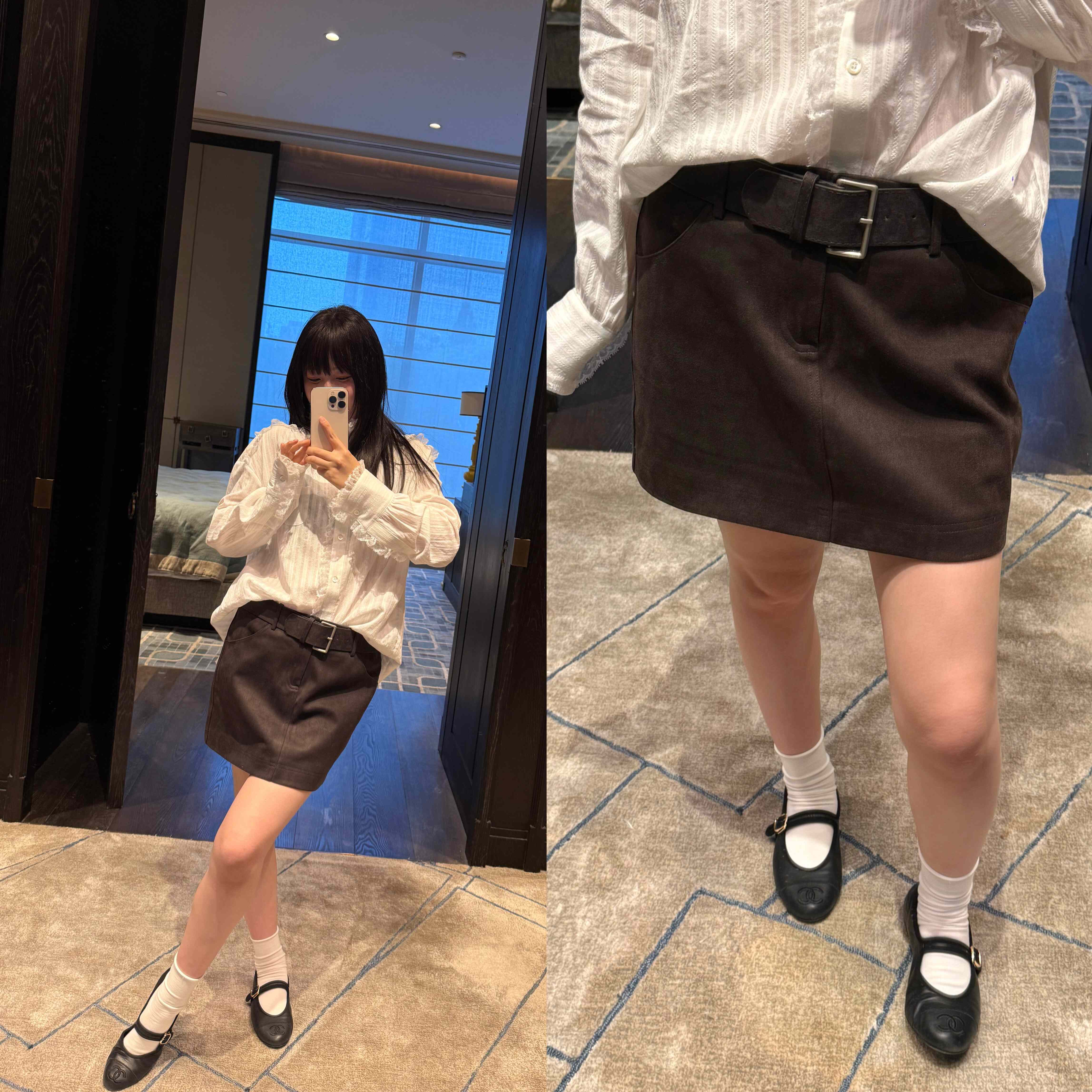wann现货 深褐色麂皮绒高级感低腰半身裙胯裙 宽腰带显瘦A字短裙