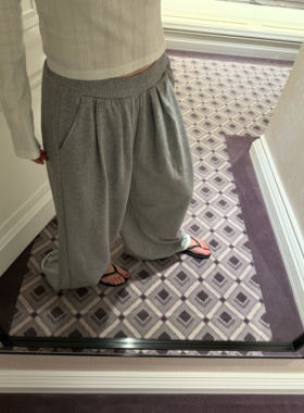 wann现货 裤脚卷边卫裤 灰色松紧腰垂坠感运动长裤 拖地休闲裤