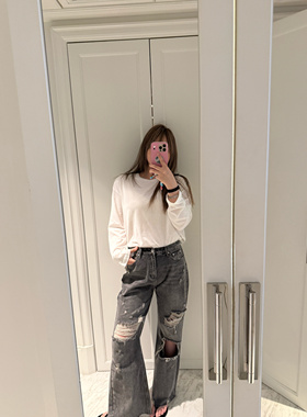 wann现货 灰黑色破洞雅痞直筒显瘦宽松直筒牛仔裤 2025春夏新款