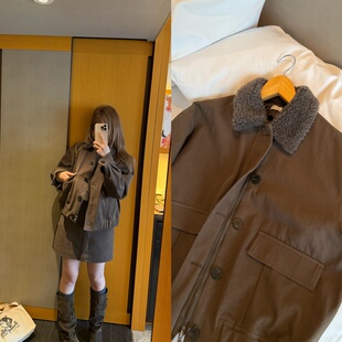 wann现货 军灰色工装羊羔毛拼接翻领棉服夹克外套/半身裙套装