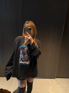 wann现货 玫瑰黑暗花园 100棉酷飒黑色玫瑰印花长袖T恤