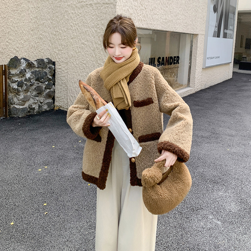 撞色羊羔毛外套女小个子秋冬2025新款高级感保暖韩版宽松加厚上衣,女装派克服,浙宝168