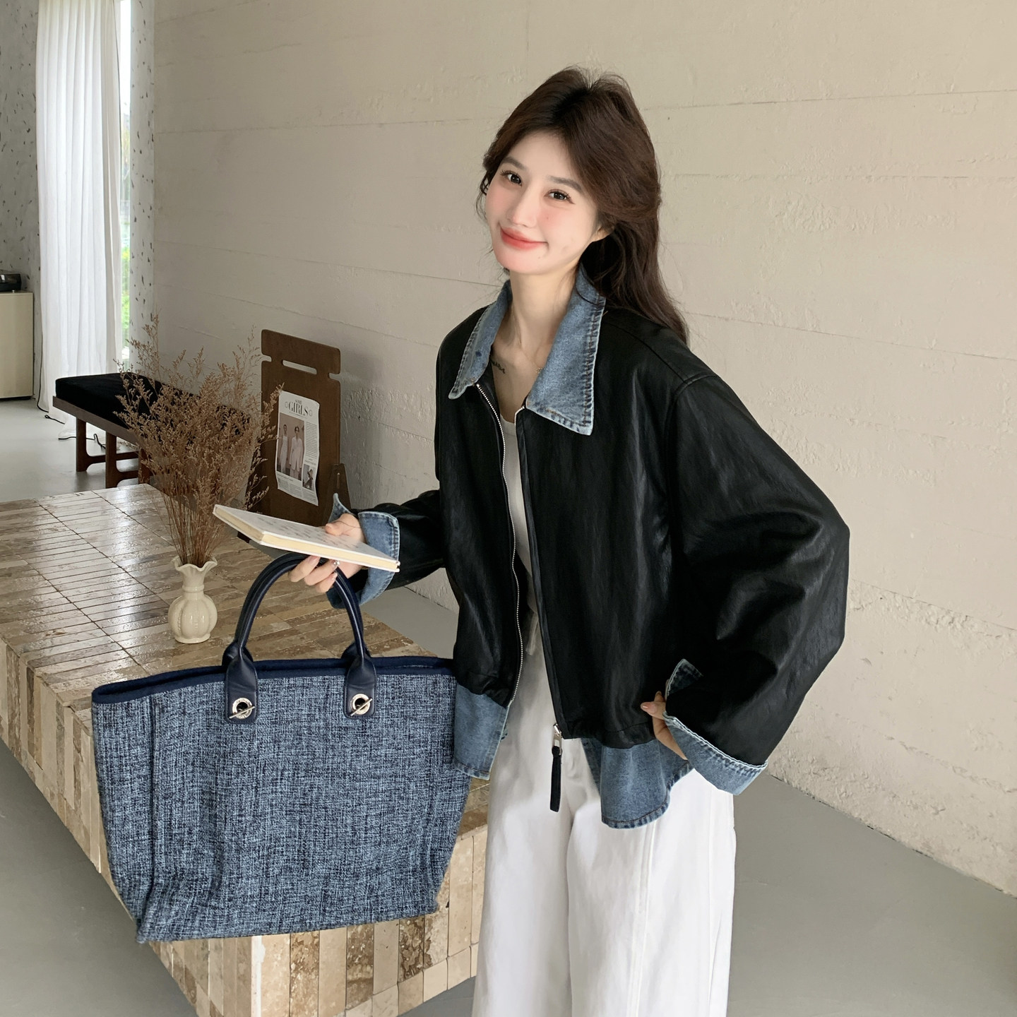 新款现货！ZB168-H617牛仔拼接皮衣外套P155控248,女装皮衣,浙宝168