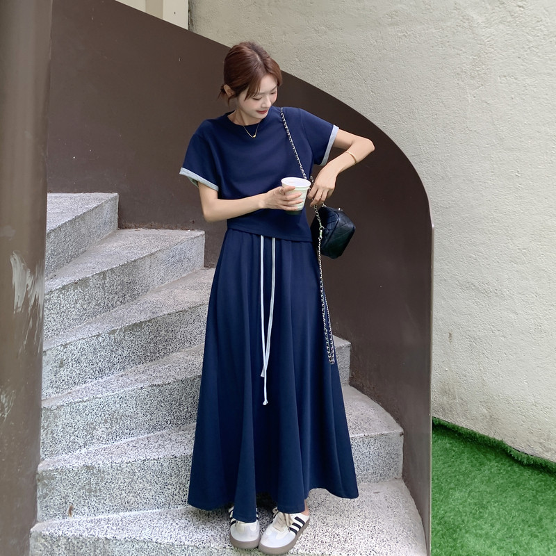 藏青色休闲套装裙女夏季2025新款超火不规则短袖T恤半身裙两件套,女装套装/套裙,浙宝168