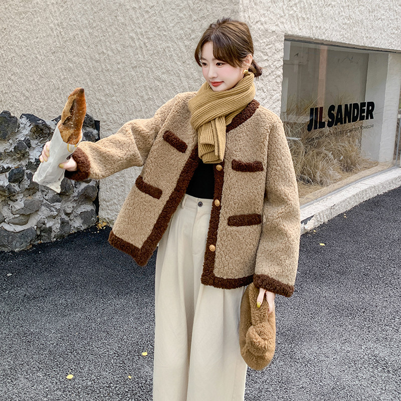 撞色羊羔毛外套女小个子秋冬2025新款高级感保暖韩版宽松加厚上衣,女装派克服,浙宝168
