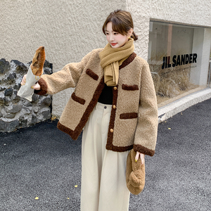 撞色羊羔毛外套女小个子秋冬2025新款高级感保暖韩版宽松加厚上衣图片