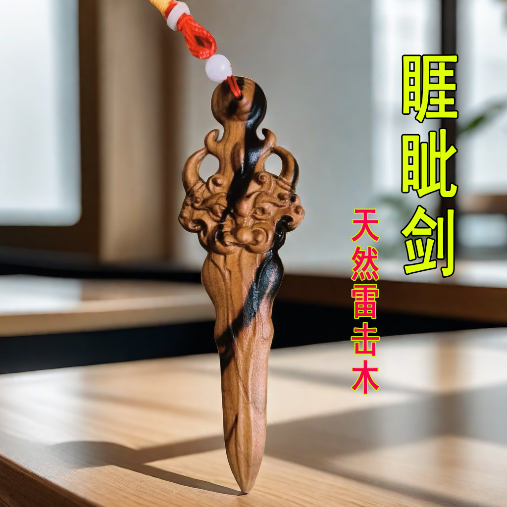 天然雷击木桃木睚眦剑挂件宝剑儿童婴儿一体雕刻枕下客厅卧室门口