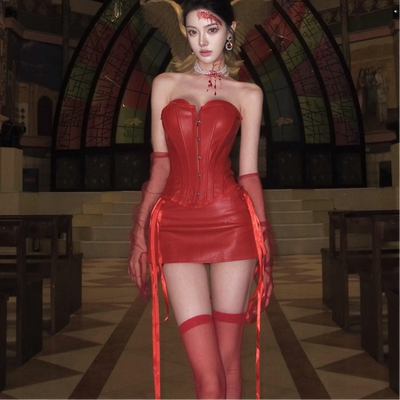 圣诞节服装女性穿搭服饰红色圣诞节丝袜制服手套cos服包臀连衣裙