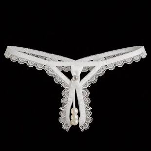 女小心机禁欲系蕾丝T裤 性感蕾丝珍珠按摩丁字裤 女士镂空透明内裤