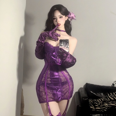 迷人的危险 深紫色蕾丝绑带性感半透视吊带睡裙韵味紫吊带丝袜女