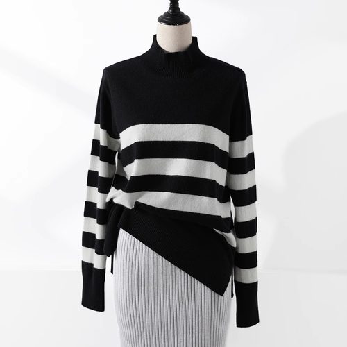 30%羊绒70%羊毛软糯黑白条纹毛衣