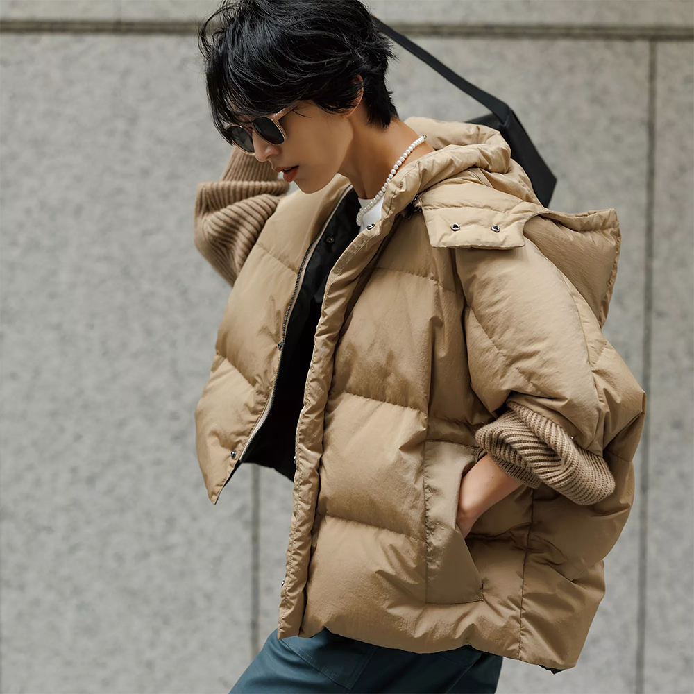 羊毛弹力螺纹袖可拆帽厚实羽绒服