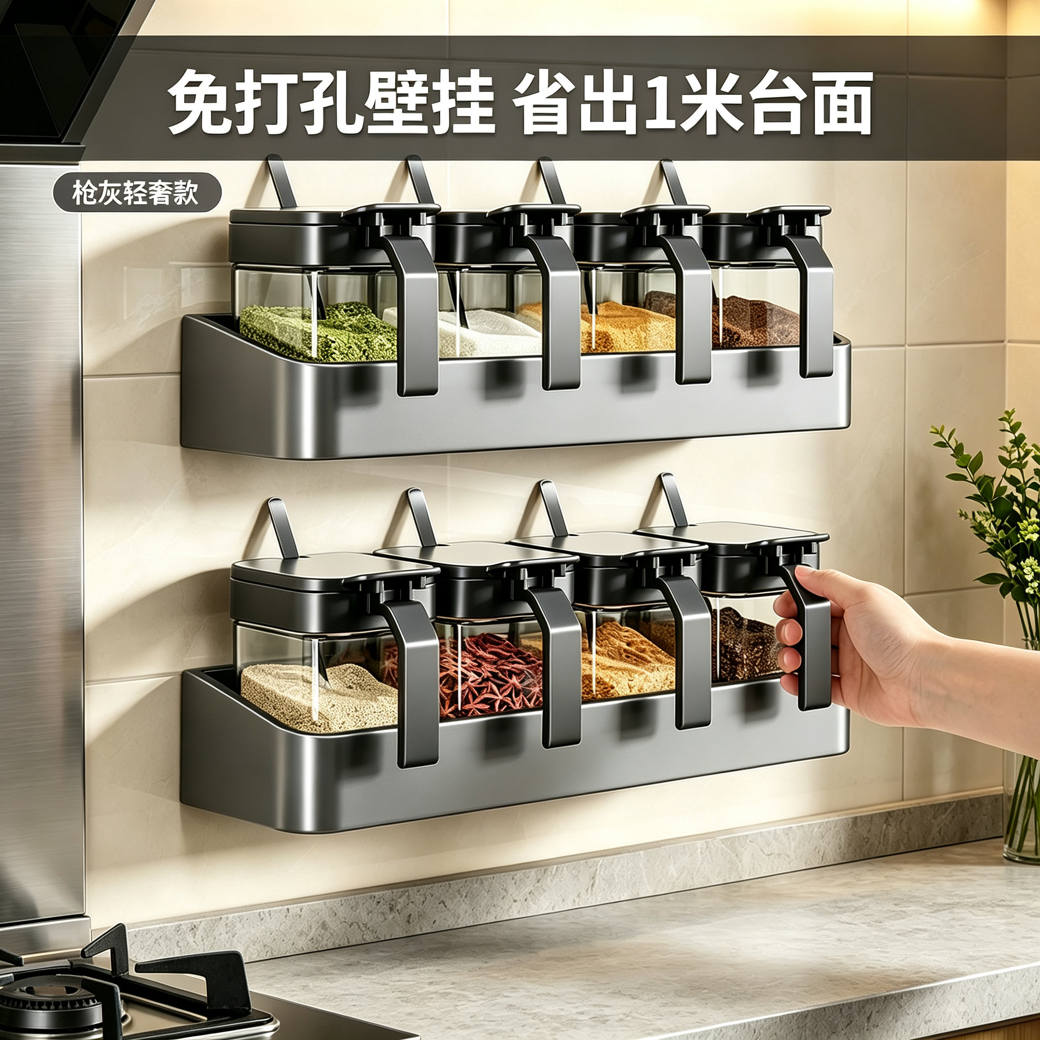厨房置物架免打孔壁挂调料架多功能调味料瓶挂墙家用大全收纳架子