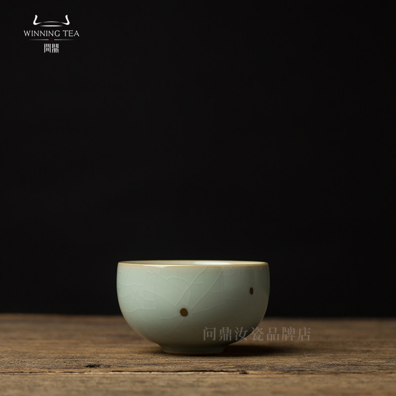 O问鼎汝窑鼎峰 天青 铁斑圆口杯 仿宋开片汝窑瓷器品茶杯子