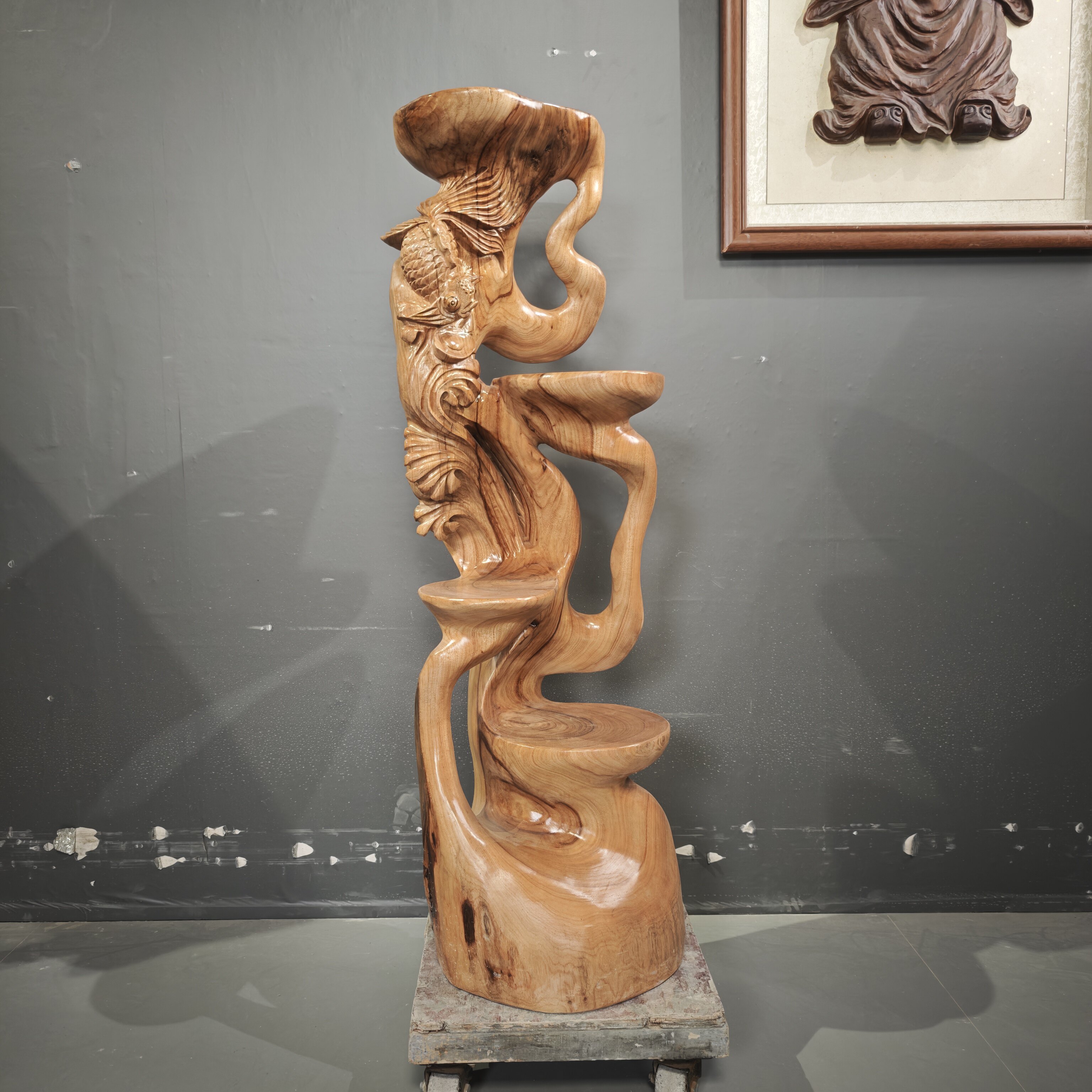 实木根雕花架落地式多层异形雕刻年年有余艺术底座摆件客厅装饰