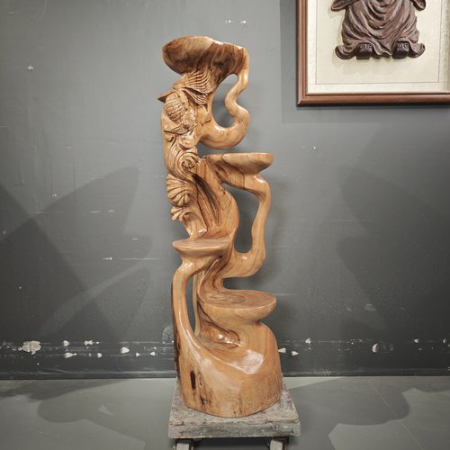 实木根雕花架落地式多层异形雕刻