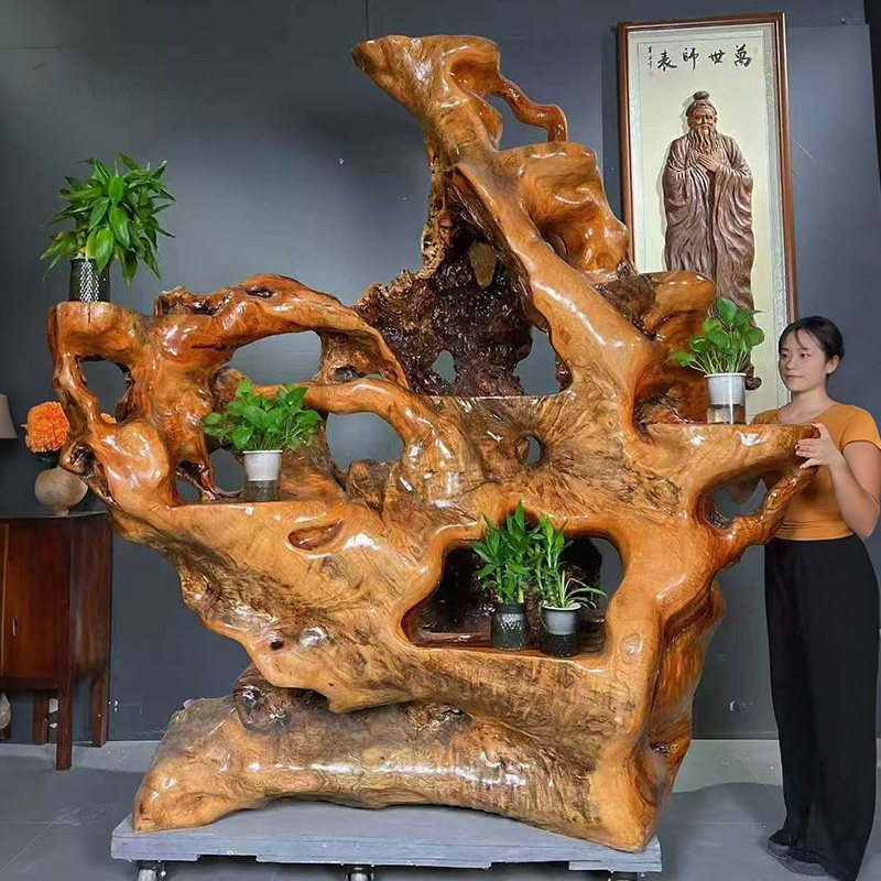 实木根雕花架落地式多层天然造型手工雕刻植物盆栽展示架