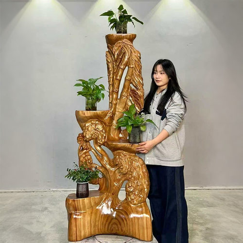 中式实木根雕花架落地多层阶梯式
