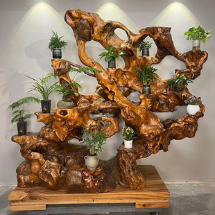 优木有缘实木根雕花架落地式 饰置物架 多层天然造型客厅装