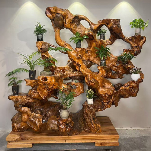 优木有缘实木根雕花架落地式多层天然造型客厅装饰置物架