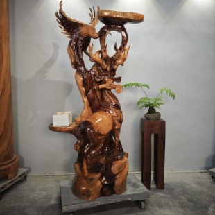 饰鹿鹤同春摆件 古典装 香樟实木雕刻根雕花架落地式 多层展示架中式