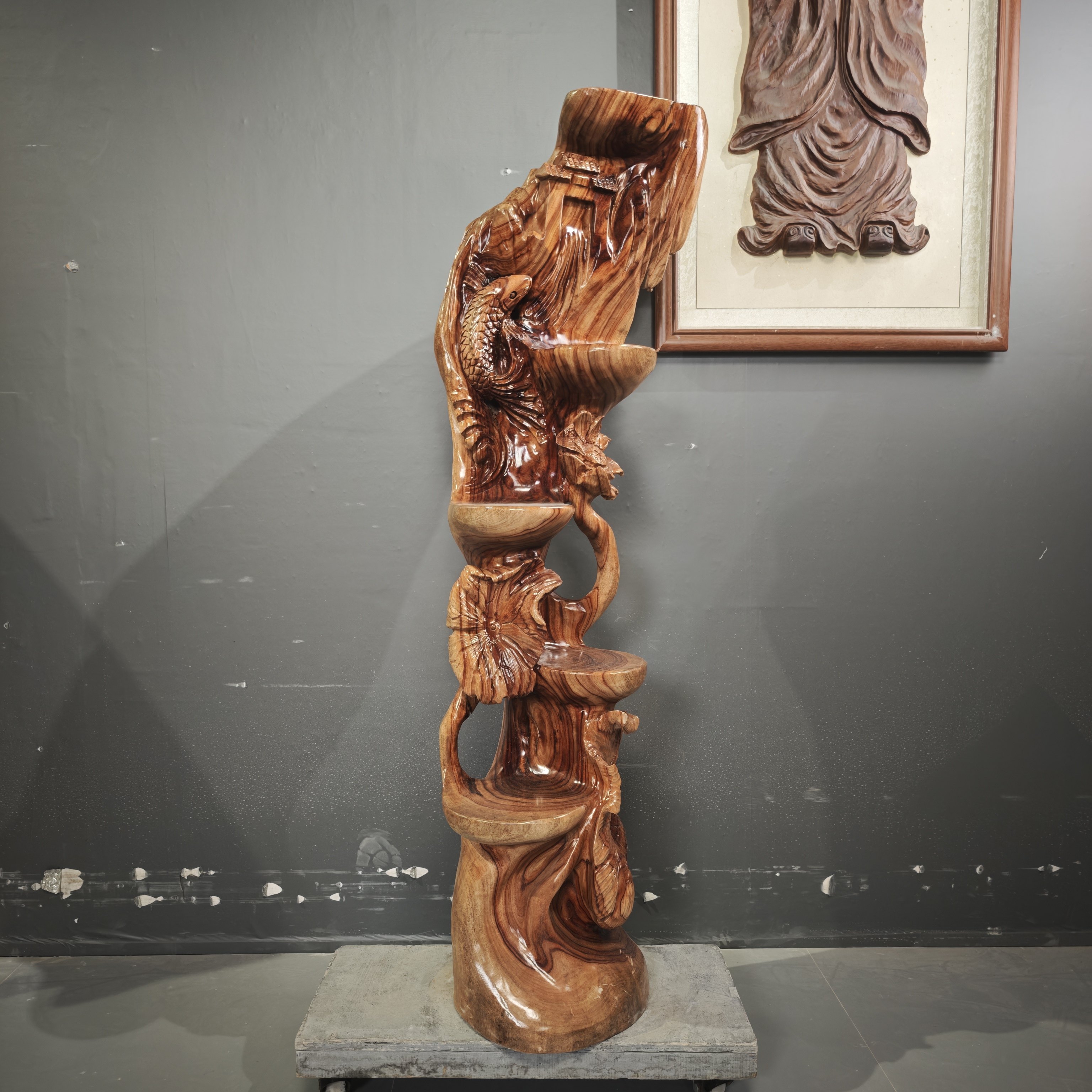 实木根雕花架落地式多层展示架中式古典工艺品年年有余底座置物架