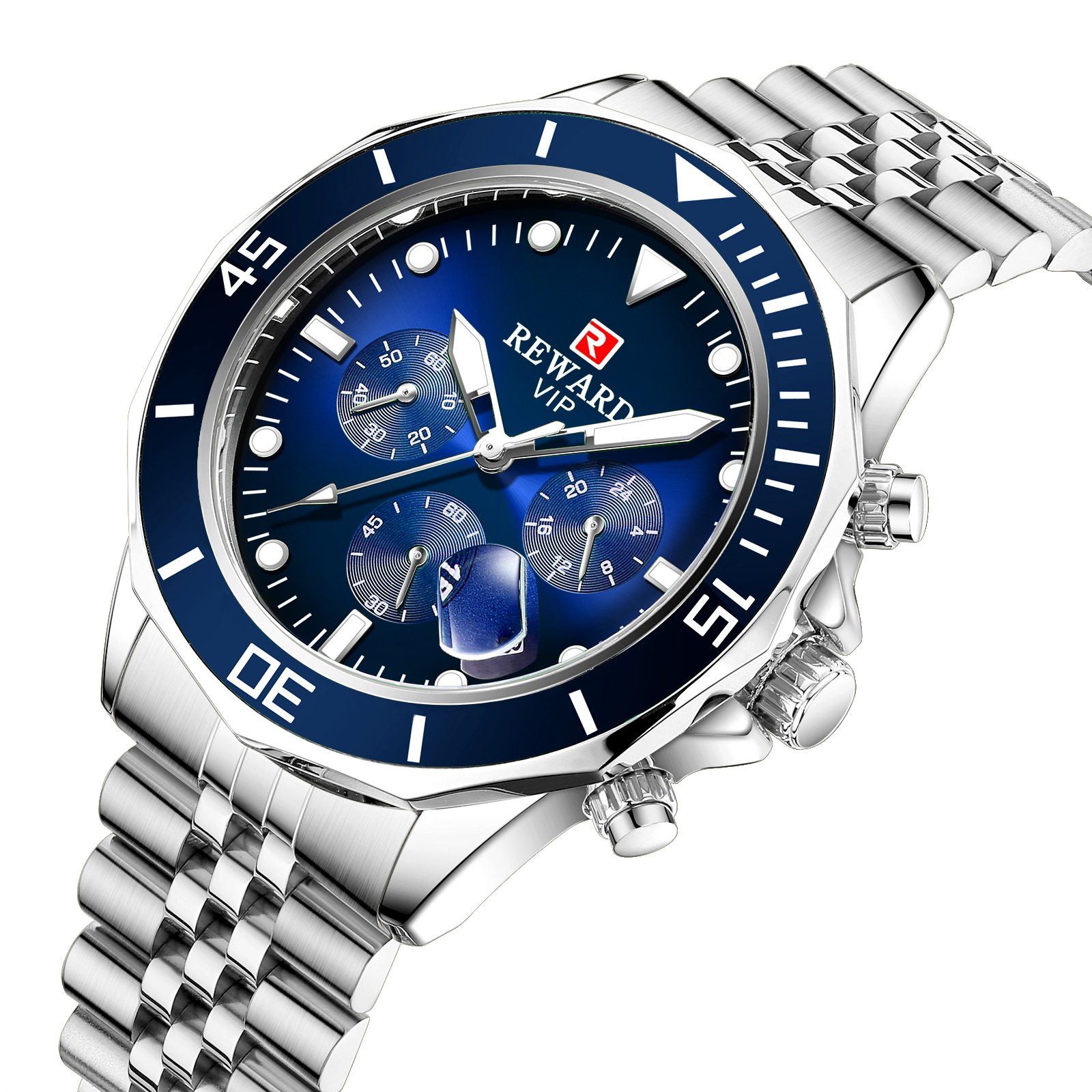 reward水鬼男士商务手表多功能钢带运动石英表三眼六针计时潮男表