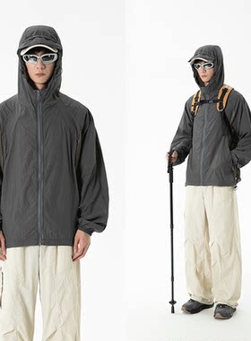 防晒衣男2025新款夏季速干冰丝衣服户外钓鱼拼接镂空透气连帽外套
