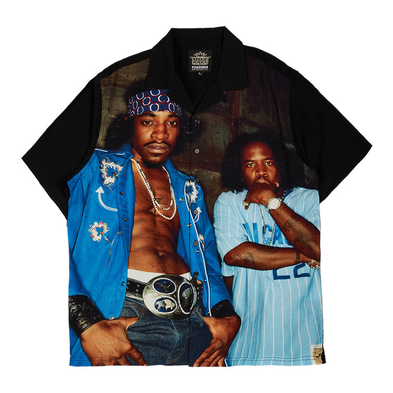 PLEASURES OUTKAST 说唱团体联名人像印花古巴领宽松短袖丝绸衬衫