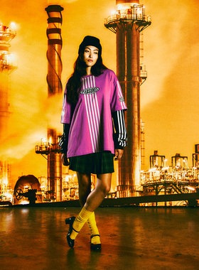 现货正品 PLEASURES 美潮宽松拼接假两件条纹logo印花圆领长袖T恤