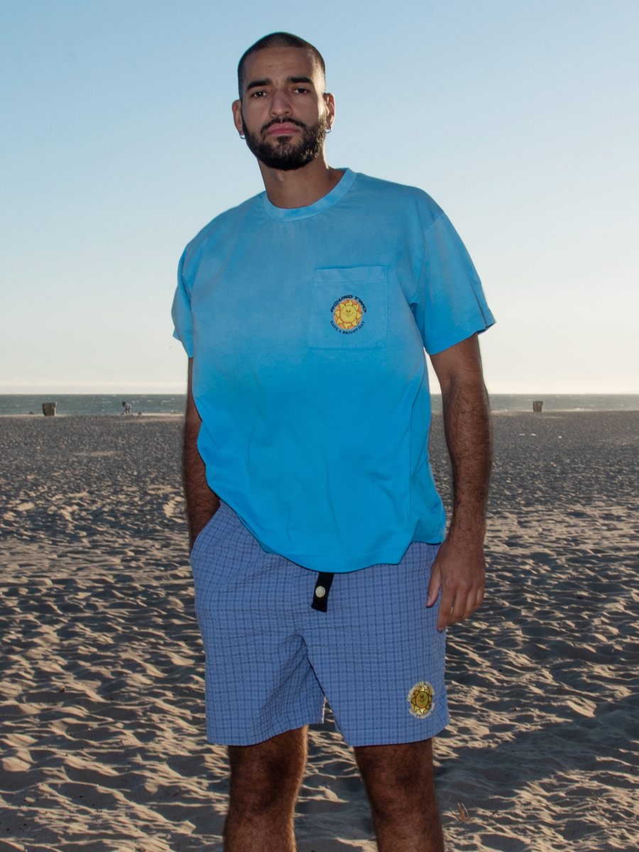 现货正品 round two 美潮刺绣logo蓝色梭织格子美式运动休闲短裤