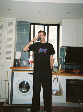 RAGAZZO 植绒LOGO蓝红印花宽松休闲圆领纯棉黑色短袖T恤夏季情侣