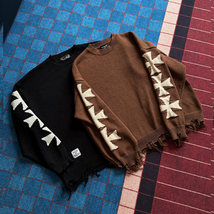 型短款 SWFI远东 流苏破坏BOXY版 铁十字提花纯棉混纺毛衣 25A