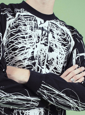 现货正品PLEASURES美潮骨架满印宽松休闲薄长袖套头T恤情侣春夏