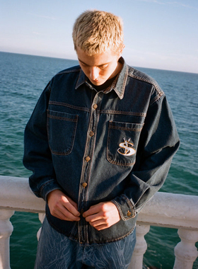 YARDSALE 复古phantasy刺绣纯棉长袖深蓝色牛仔水洗纽扣夹克外套