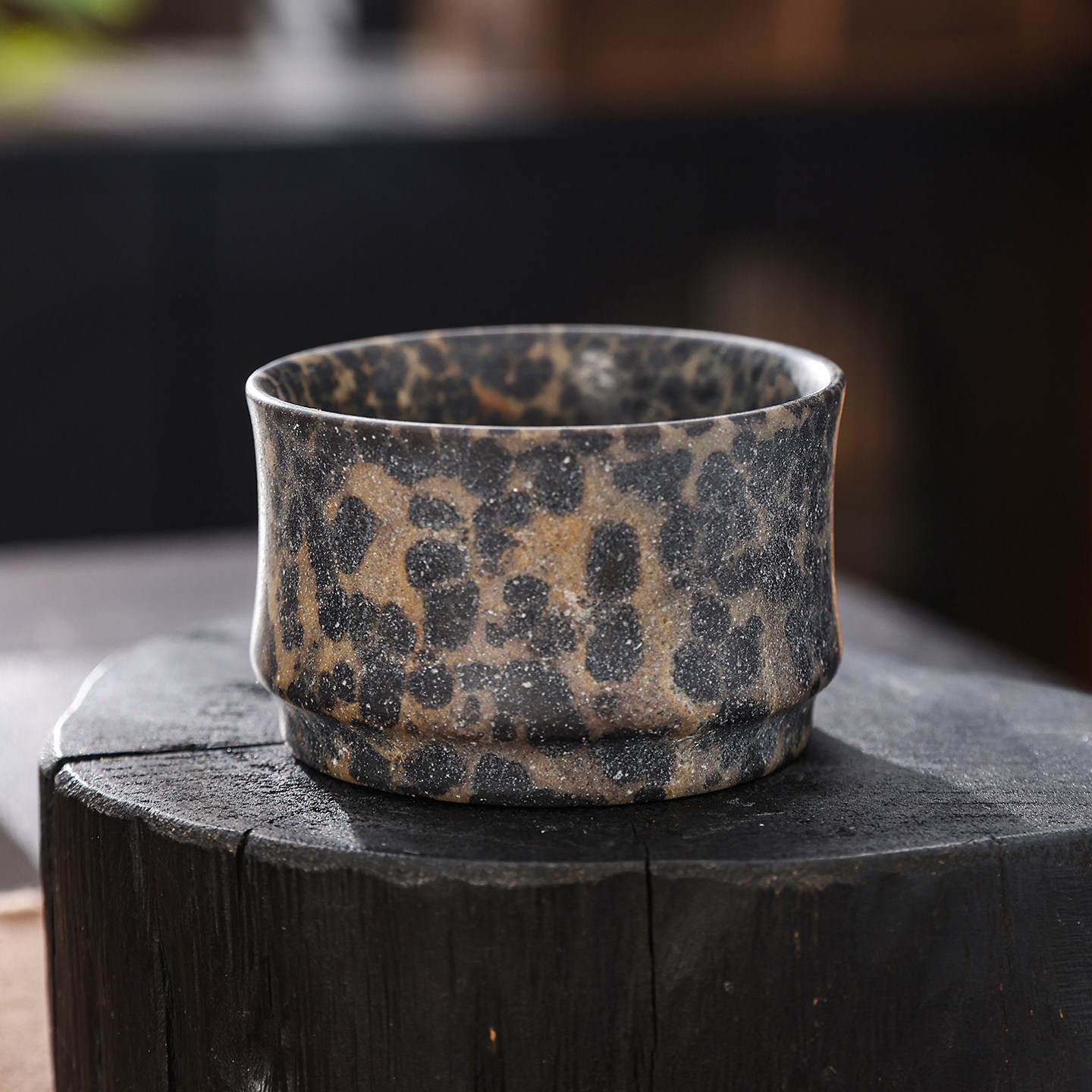 天然冰碛岩茶杯稀珍黄豹纹石料主人杯中式手工喝茶品茗杯功夫茶具