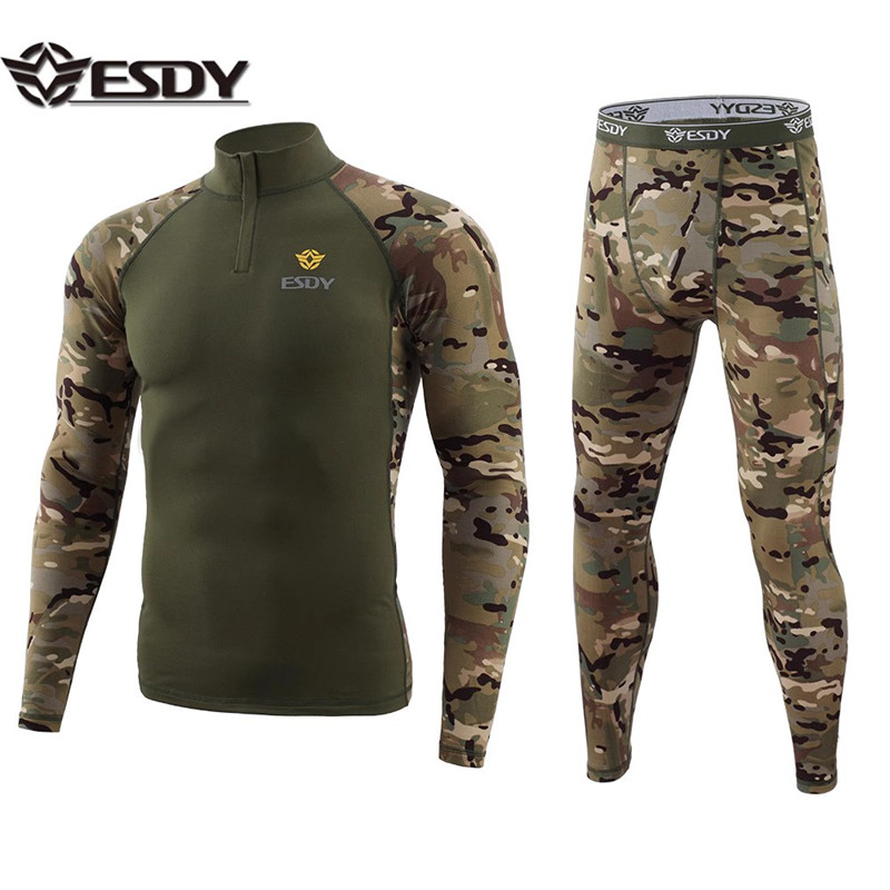 ESDY户外迷彩功能内衣套装男秋冬薄绒保暖骑行滑雪运动排汗秋衣裤