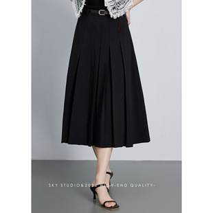 SKY张慧慧自制a字工字褶半身裙2025夏季新款高腰显瘦中长款伞裙女