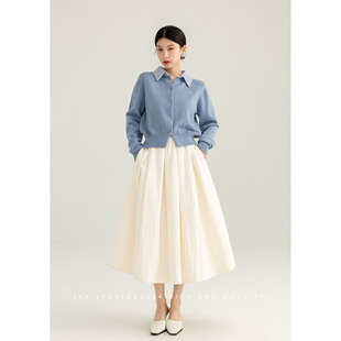 SKY张慧慧自制2025春装新款宽松版衬衫领针织衫长袖百搭蓝色毛衣