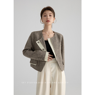 SKY张慧慧自制拼色短款复古小香风外套女2025早春新款设计感上衣