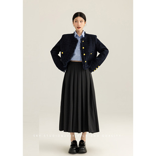 SKY张慧慧自制2025年春装新款短款藏青色单排扣小香风外套短外套