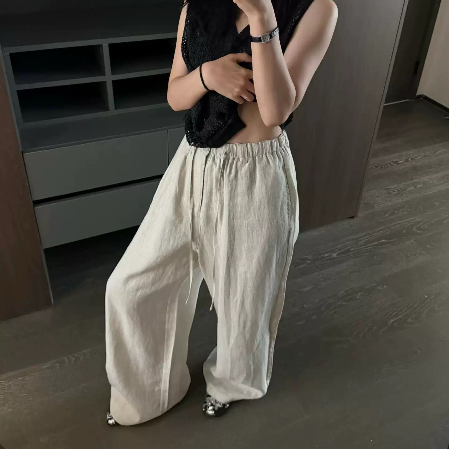 松弛感满分 100亚麻Glog韩国26夏慵懒松紧腰休闲直筒裤亚麻裤子