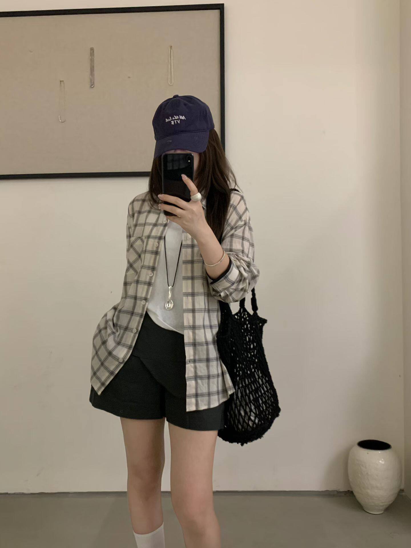轻氧衬衫 High kiss26夏简约松弛感宽松格子长袖衬衫女透气防晒衣